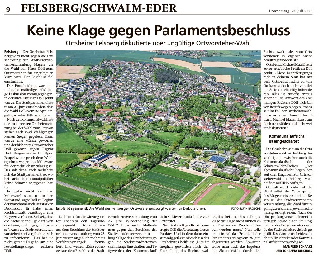 Ortsbeirat Felsberg Ortsvorsteher Wahl Klage